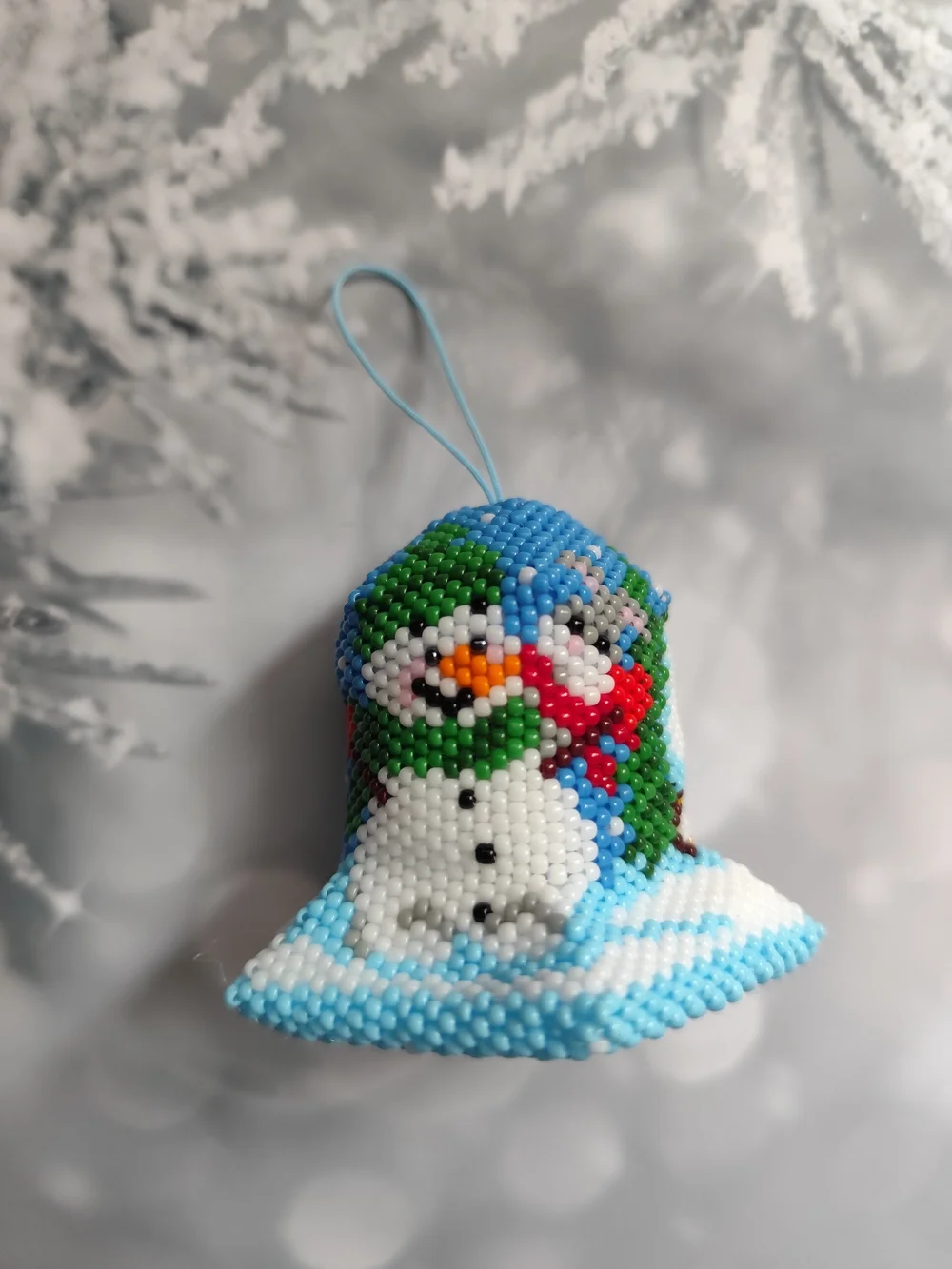 Handmade Blue Beaded Snowman Holiday Ornament